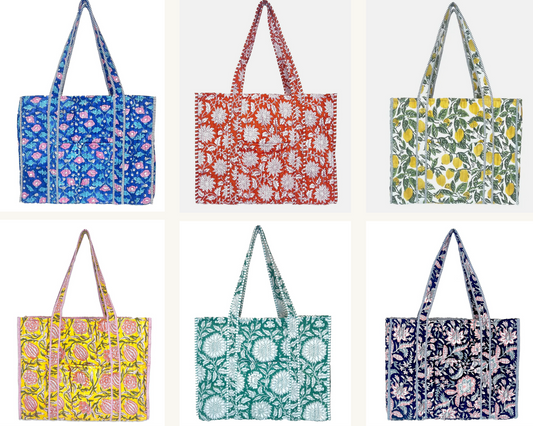 Quilted Tote bag with travel pouch – Bright Dahlias